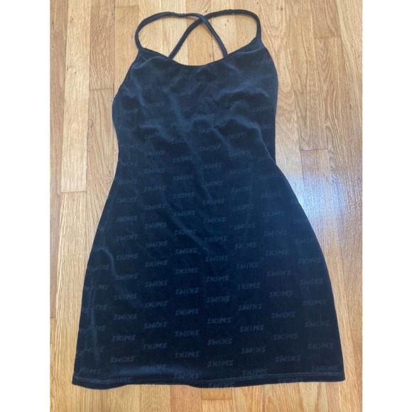 Skims Size Large Logo Velour Dress NWT Mini Black Women's Onyx - Picture 9 of 11